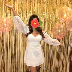 White Bishop Sleeve Pom Pom Dress